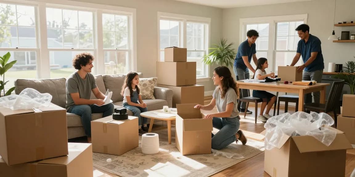 Family enjoying their new home with movers in Washington, UT assisting unpacking.