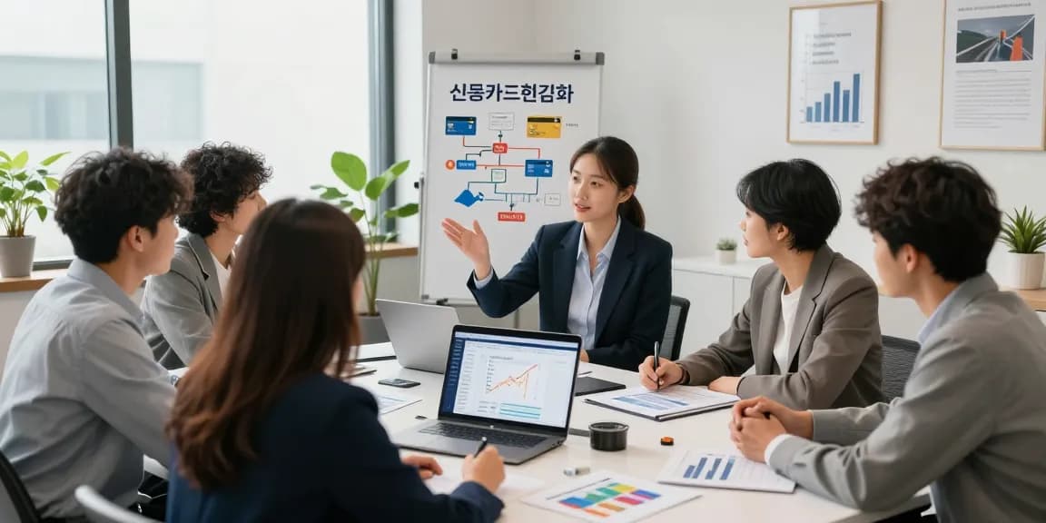 Financial consulting session on 신용카드현금화 strategies with diverse clients in a modern office.