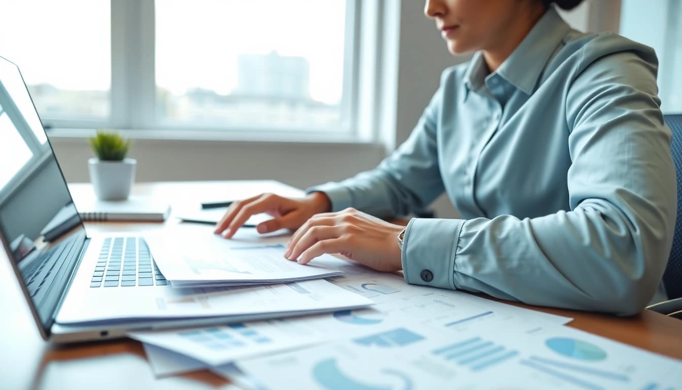 Engaging consultant analyzing Federal and State contracts and grants documents in a bright office.