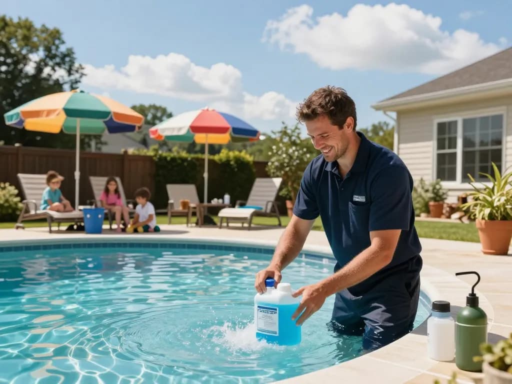 Dolphin Pool Services technician maintaining a pristine pool in Virginia backyard.