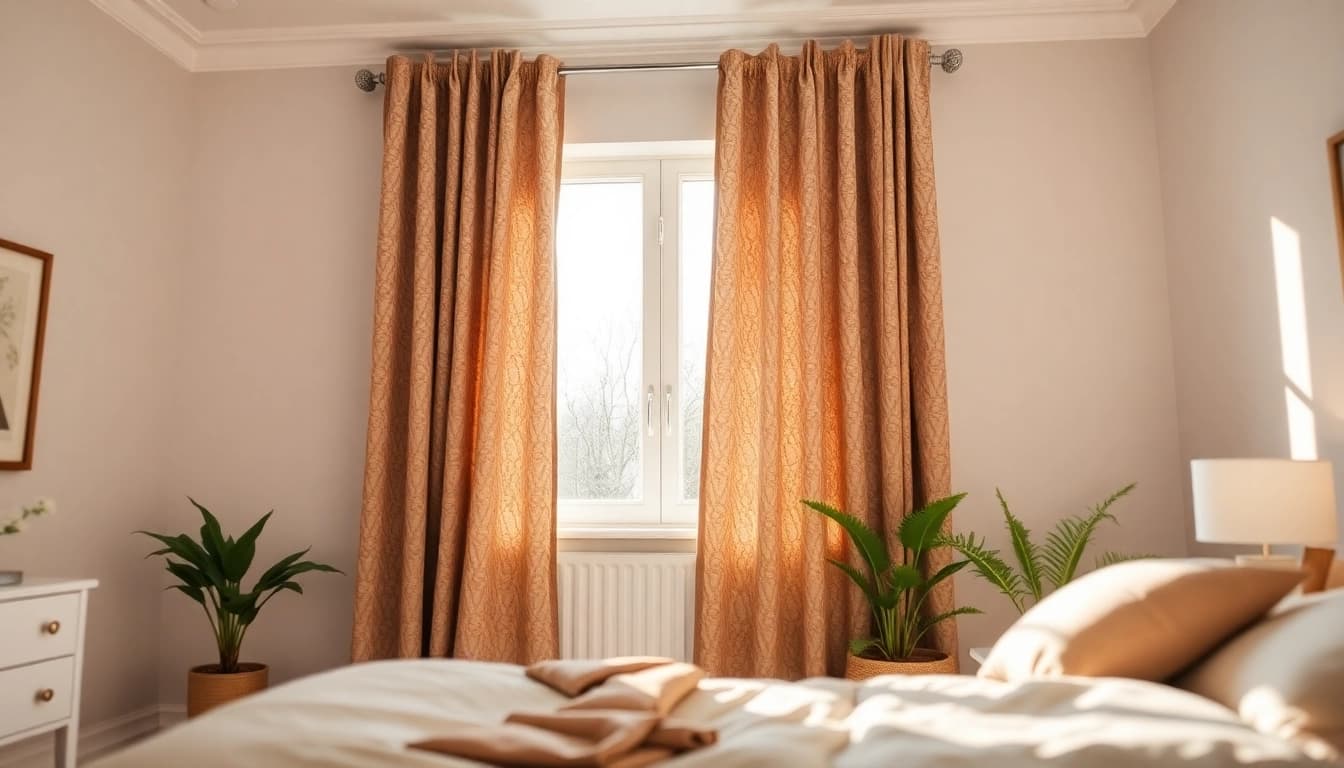Bekijk stijlvolle verduisterende gordijnen die een gezellige slaapkamer verfraaien.