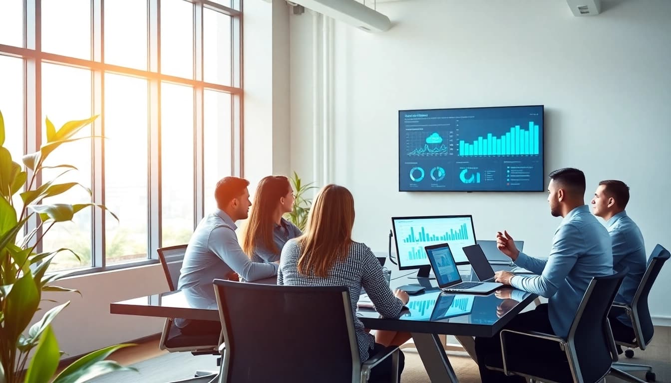 IT Infrastructure Management Tampa team collaborating in a modern office, showcasing technology and teamwork.