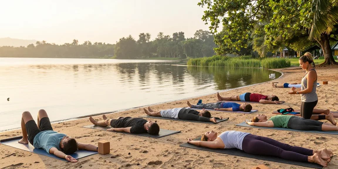 Participants engaging in vinyasa yoga teacher training sri lanka at sunrise by Koggala Lake.