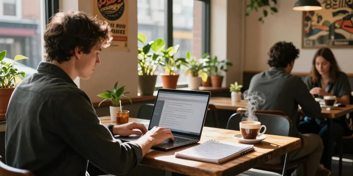 Engaging café scene where an individual explores local shops using https://forumup.org/shop/search.php?ca_id=&addr1=&addr2=&addr3=&schKeyword= on laptop with coffee.