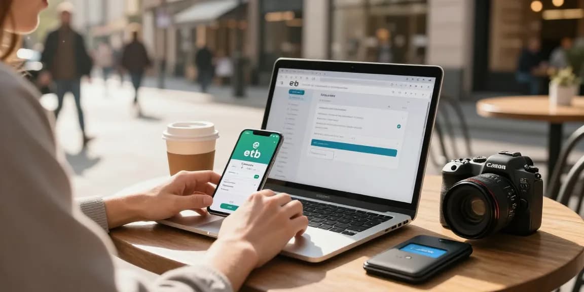 Persona usando un laptop para etb pagar factura en una cafetería.