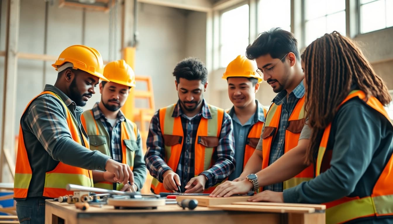 Engaged contractors in a contractor apprenticeship, collaborating efficiently on-site, showcasing teamwork.