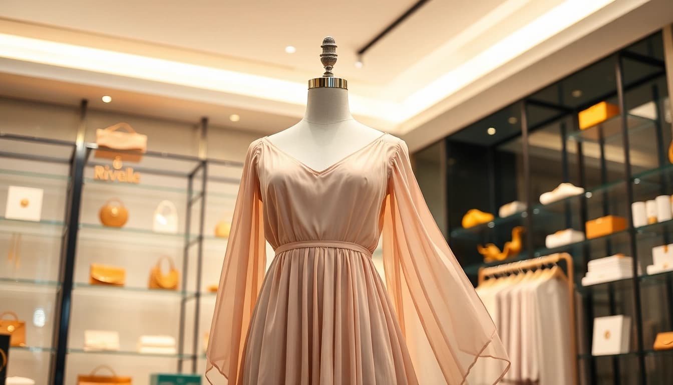 Showcasing Rivelle fashion in a chic boutique, highlighting elegance and luxury.