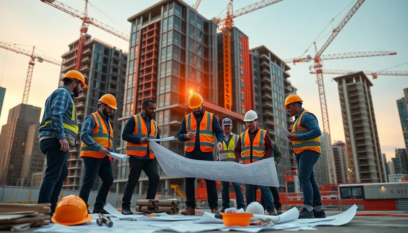 Efficient New York City General Contractor team on a construction site working collaboratively on a building project.