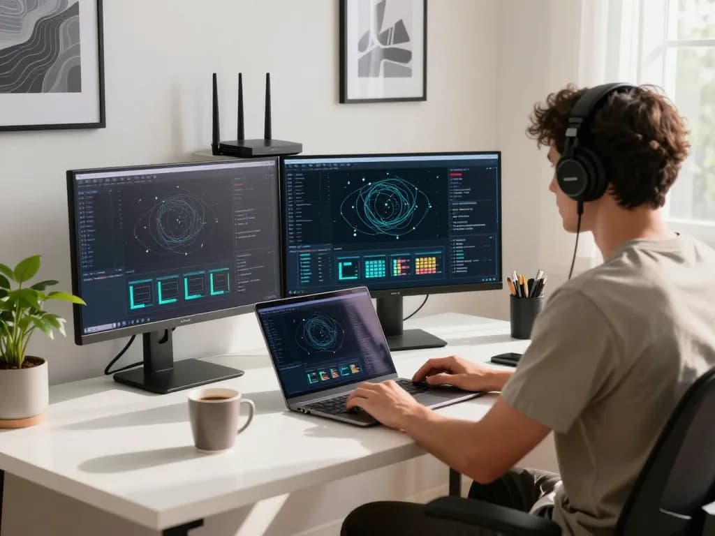 快连 user accessing fast and secure internet in a modern tech workspace.
