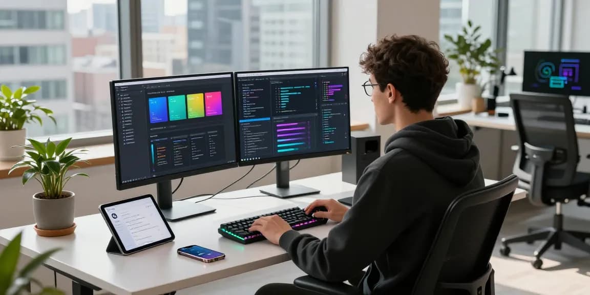Developer using openclaw ai in a modern tech workspace with multiple screens and plants.