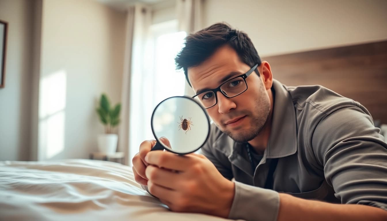 Assessing bed bug treatment cost with a technician examining bedding for pest control.