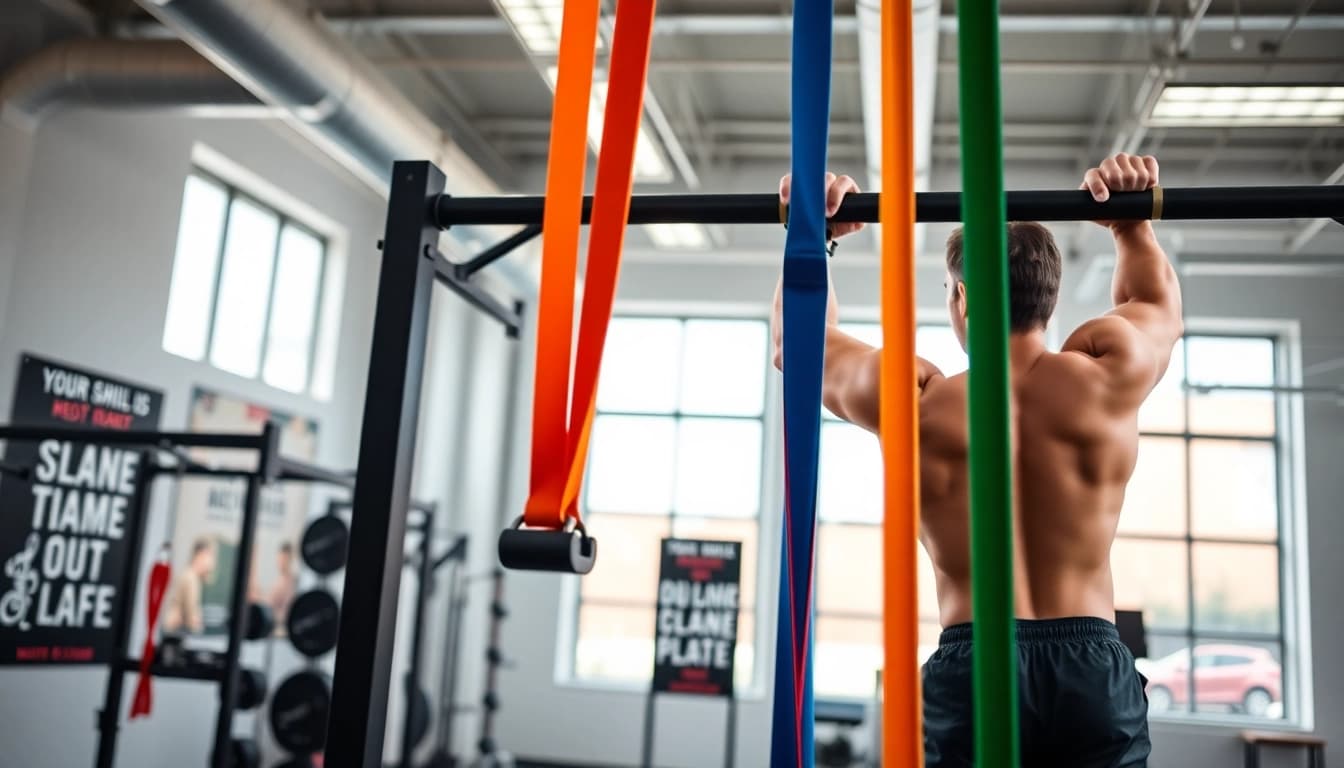 Fitness enthusiast using pull-up resistance bands for strength training in a modern gym.