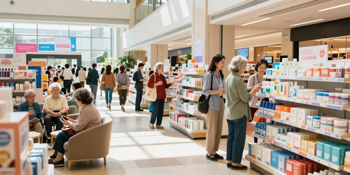 Senior shoppers exploring healthcare products at HK Senior Mall.