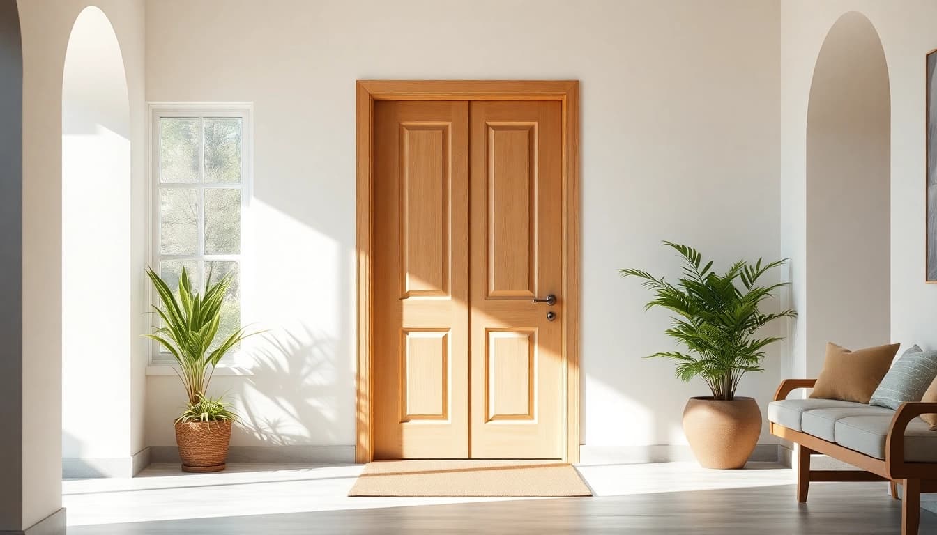 Showcasing a single leaf double swing door in a stylish entryway, highlighting its elegance and craftsmanship.