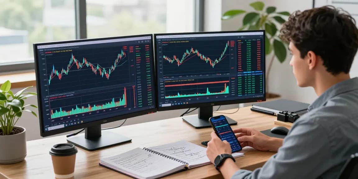 Trader analyzing data on MetaTrader 5 platform with multiple screens in a modern office setup.
