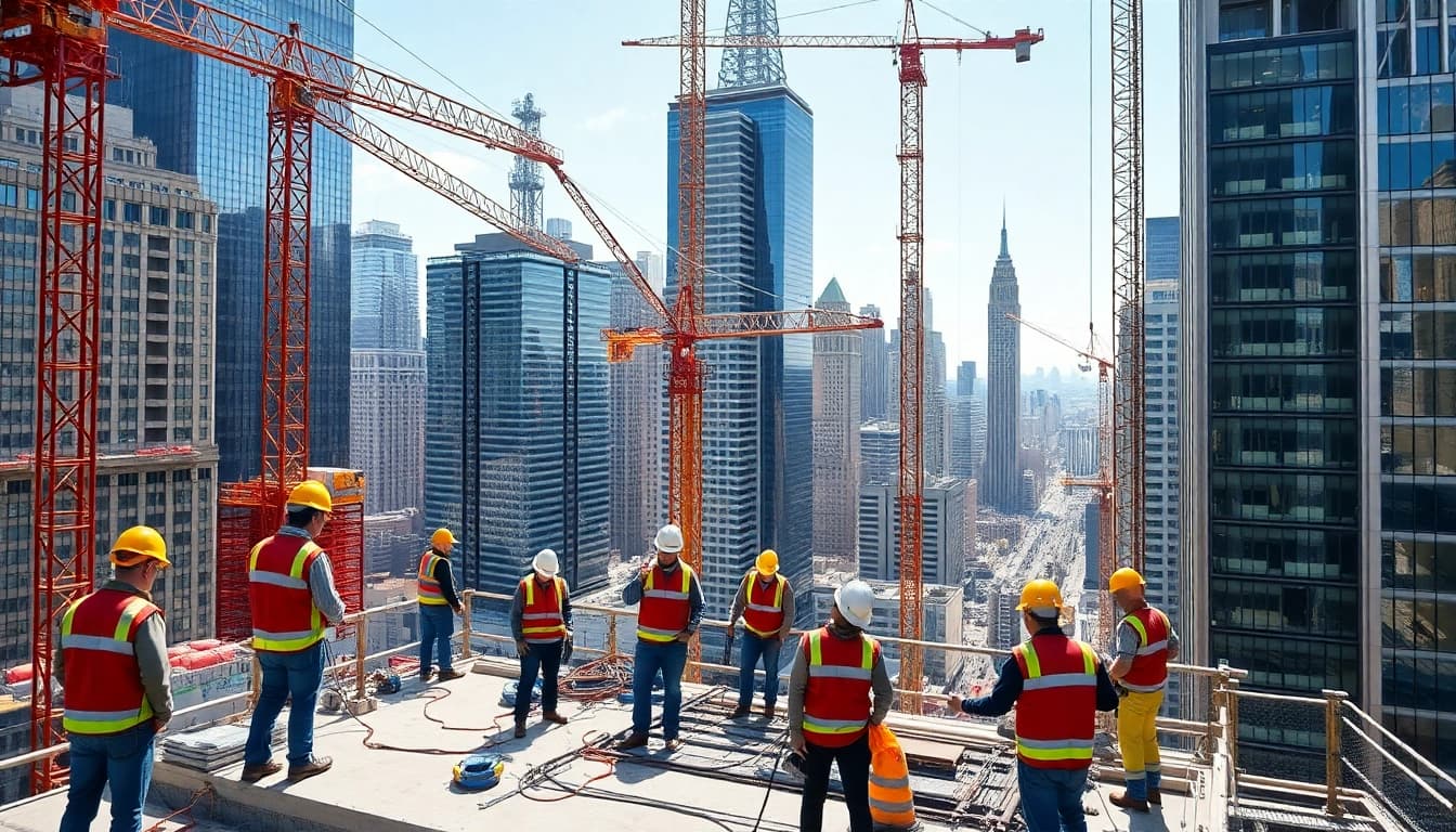 New York Commercial General Contractor team managing a construction project with modern skyscrapers.