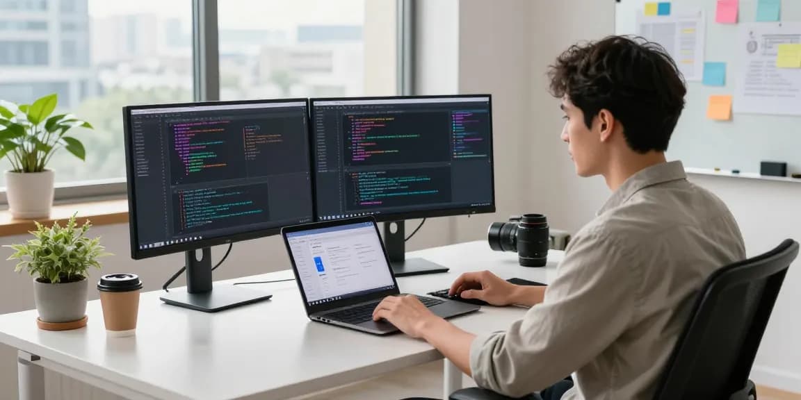 Developer coding the 纸飞机中文版 app in a bright office.