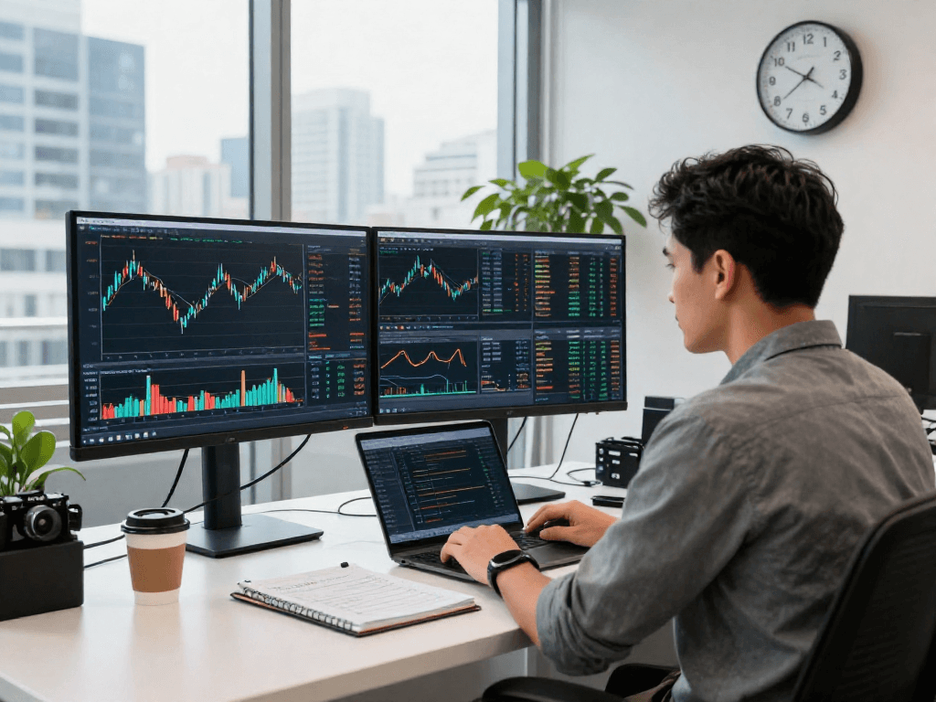 使用TradingView分析行情的交易员在现代金融办公室的场景，显示多张股票和外汇图表。