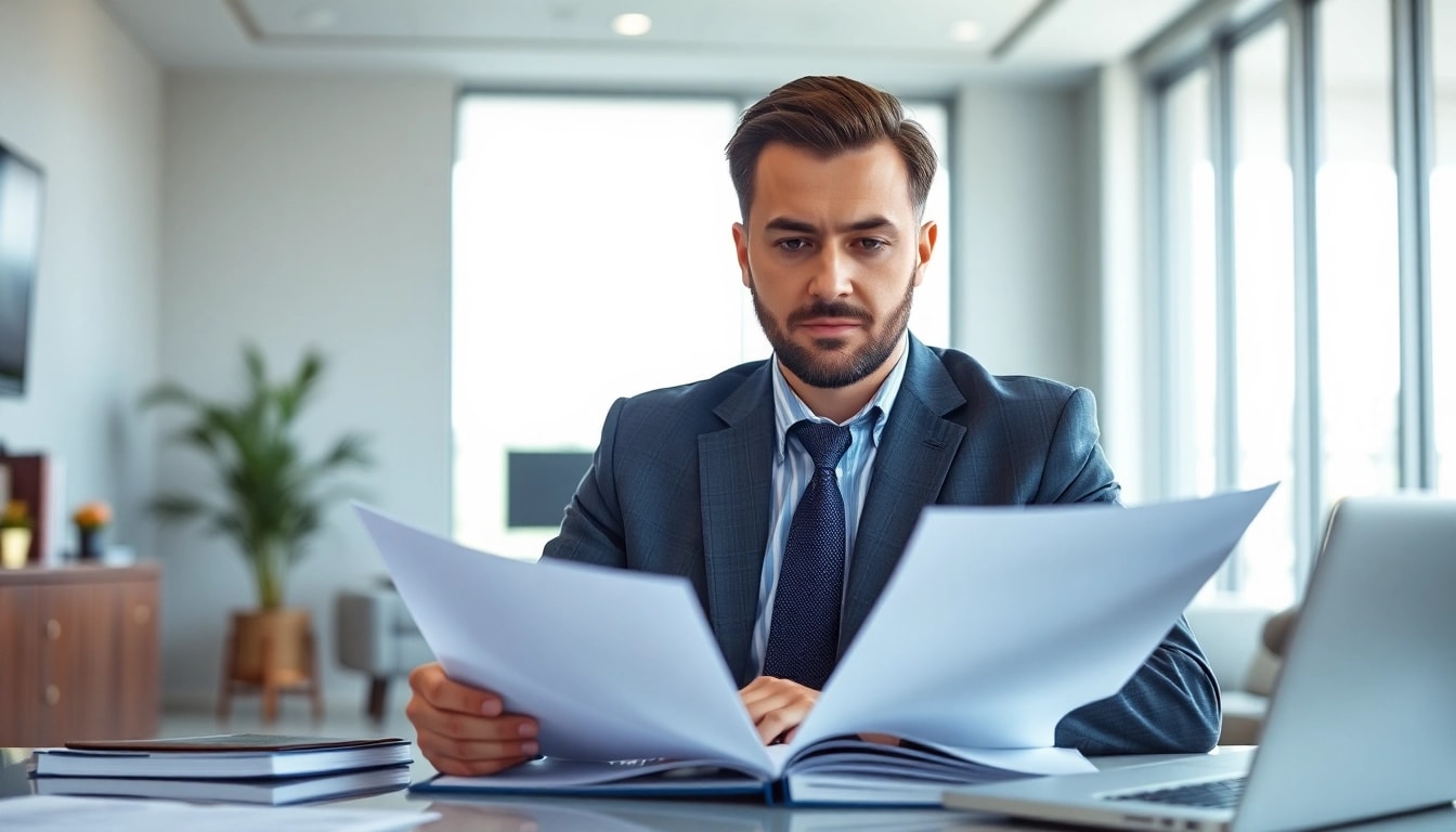 Truck accident attorney Clearwater analyzing case files in an elegant office.