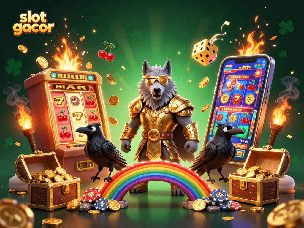 Slot gacor memukau pemain dalam ilustrasi kasino dengan simbol keberuntungan dan permainan menarik.