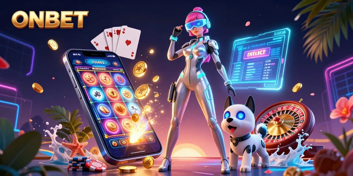 Join the excitement at ONBET with a futuristic scene featuring a casino-themed 3D illustration.