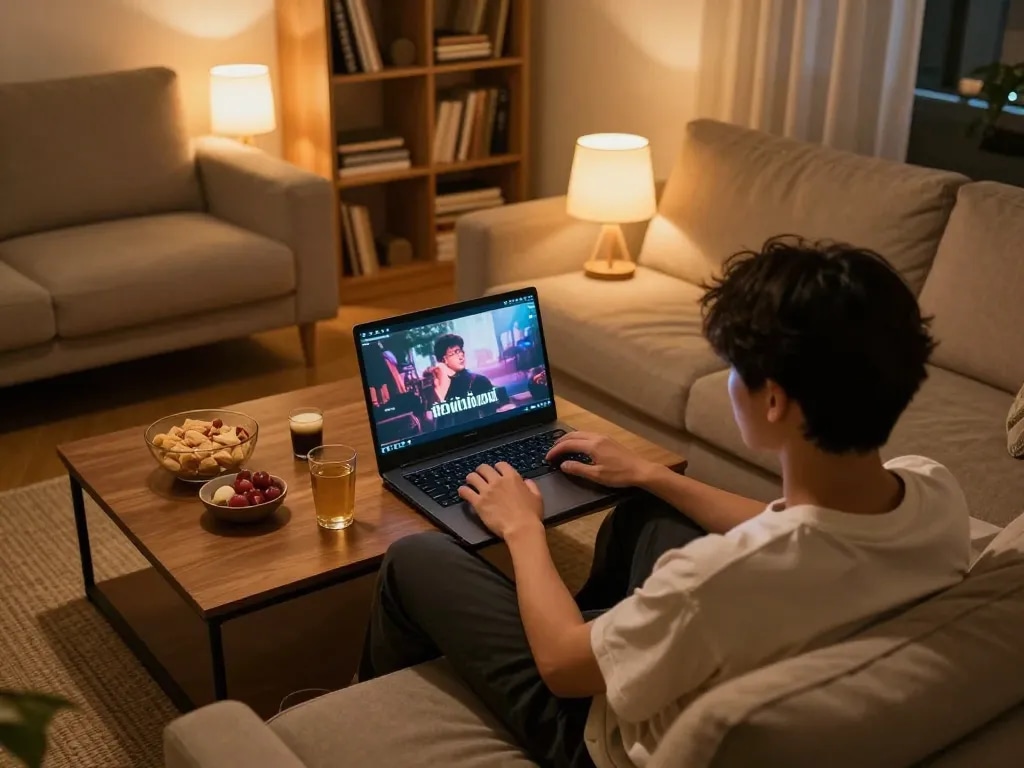 Enjoying ดูหนังใหม่ experience at home with laptop and cozy setup, snacks on the table.