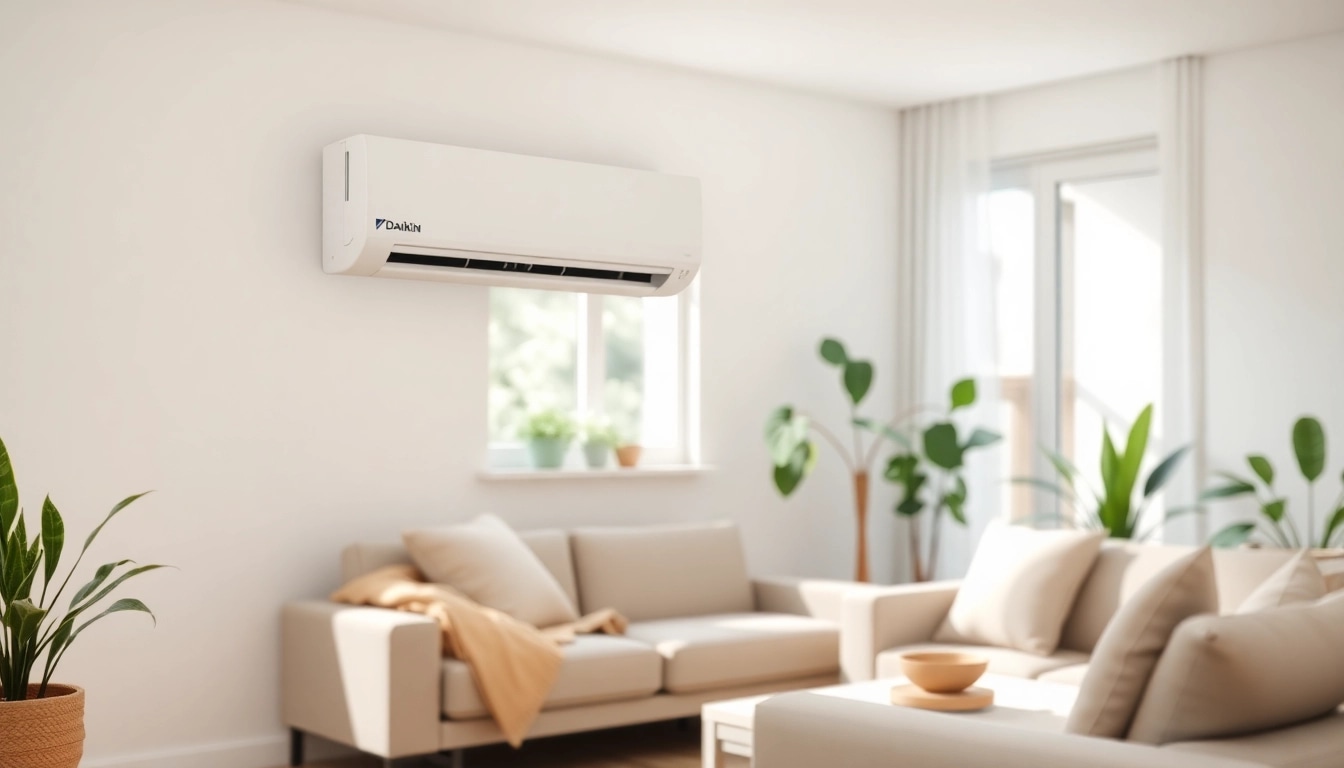 Install a Daikin mini split AC in an inviting living room with modern decor and natural lighting.