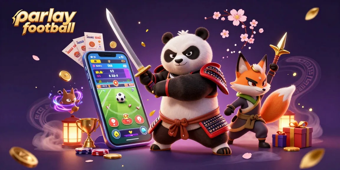 Explore parlay football bets while a samurai panda and ninja fox celebrate winning strategies.