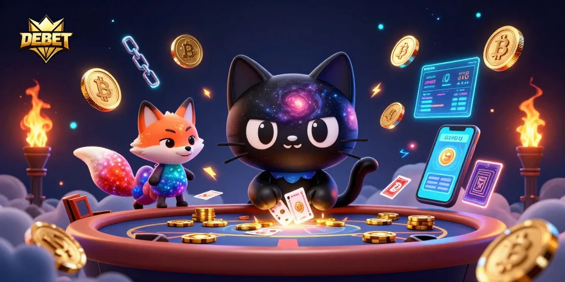 Engage with DEBET's cosmic casino experience, illustrated with a black hole cat and a nebula fox.
