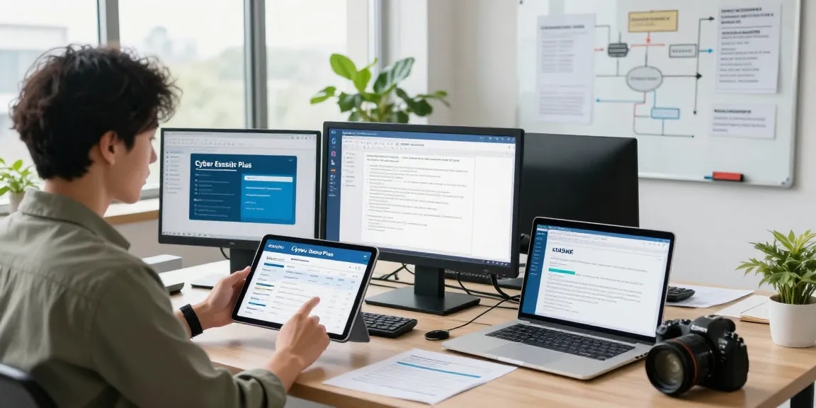 Cyber Essentials Plus certification review in a modern office setting with a consultant and audit materials.