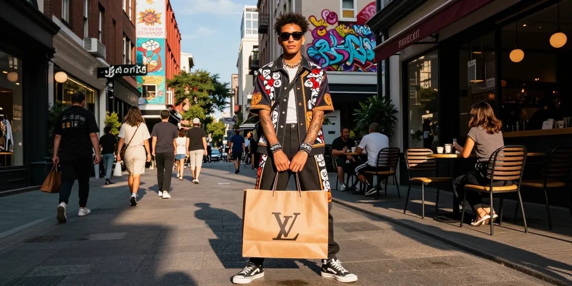 Fashionable individual showcasing 명품 레플리카 in vibrant urban setting, blending style and lifestyle elements.