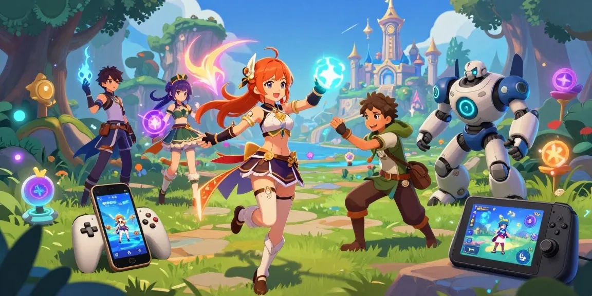 Dynamic scene of diverse characters from hentaigames showcasing fantasy adventures and multi-device gaming.