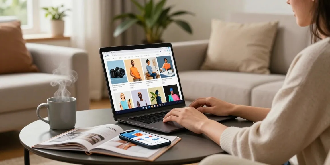 E-commerce shopping experience showcasing a cozy scene featuring an individual browsing products online at https://forumup.org/shop/search.php?ca_id=&addr1=&addr2=&addr3=&schKeyword= with warm lightin