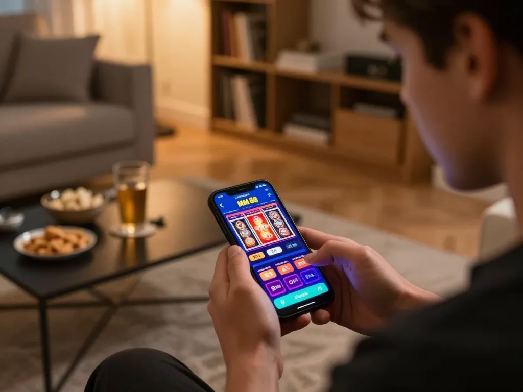 Player enjoying the MM 88 casino app on smartphone at home, showcasing a thrill-filled gaming atmosphere
