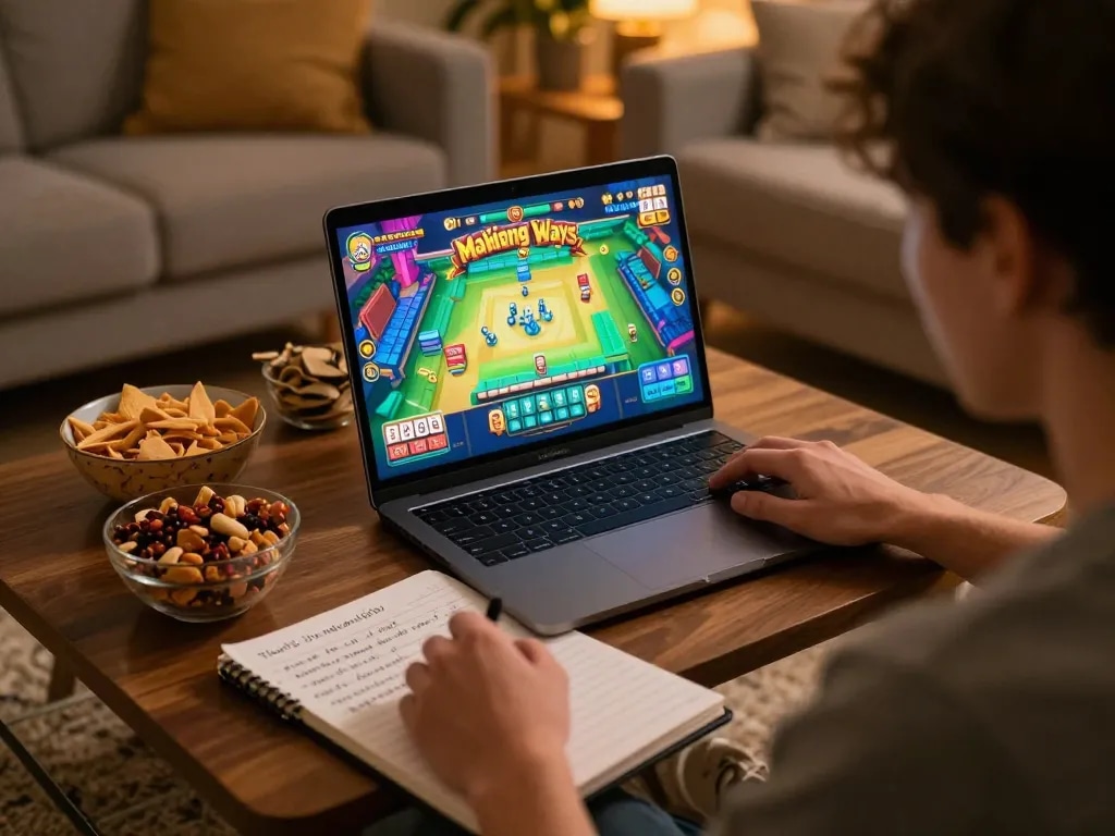 Enjoying Mahjong Ways on a laptop, showcasing the online gaming experience in a cozy home environment