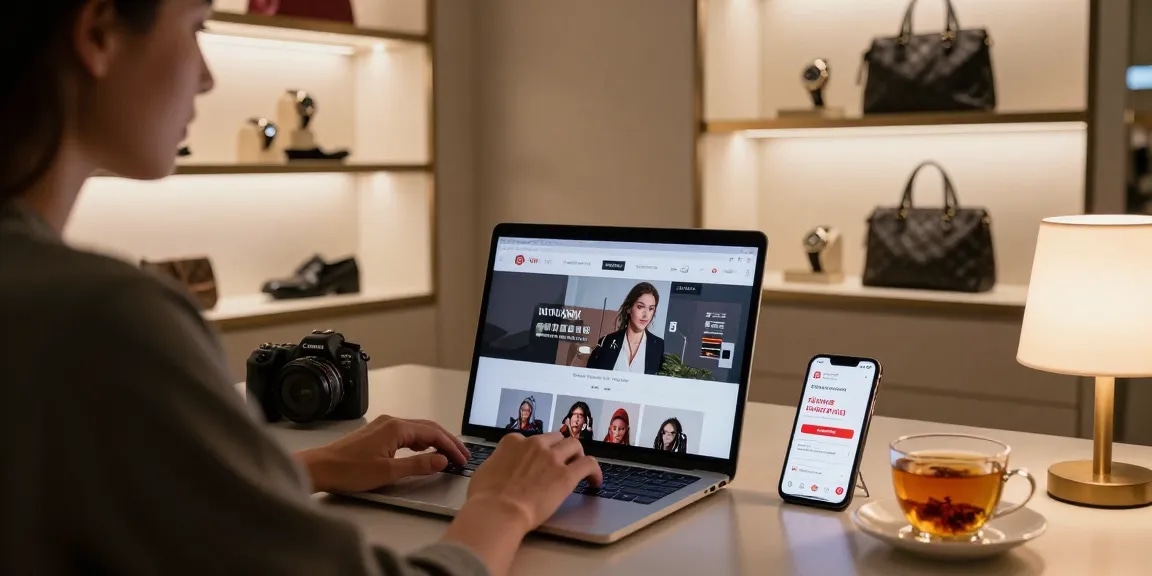Elegant online shopping scene showcasing premium 레플리카 products with stylish accessories and warm lighting.