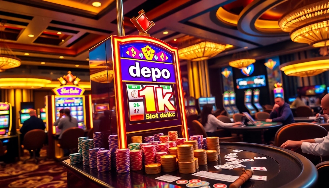 Para pemain menikmati kegembiraan kemenangan di mesin slot Depo 1k di kasino yang penuh warna.