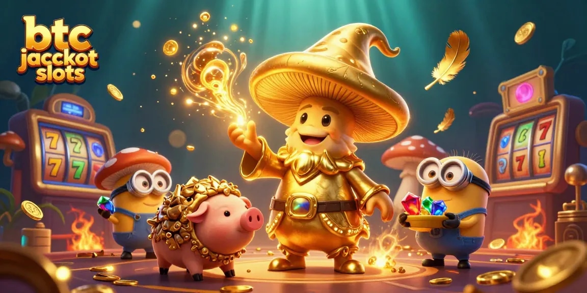 Experience thrilling btc jackpot slots with a magical golden mushroom wizard and treasures in this illustrated scene.