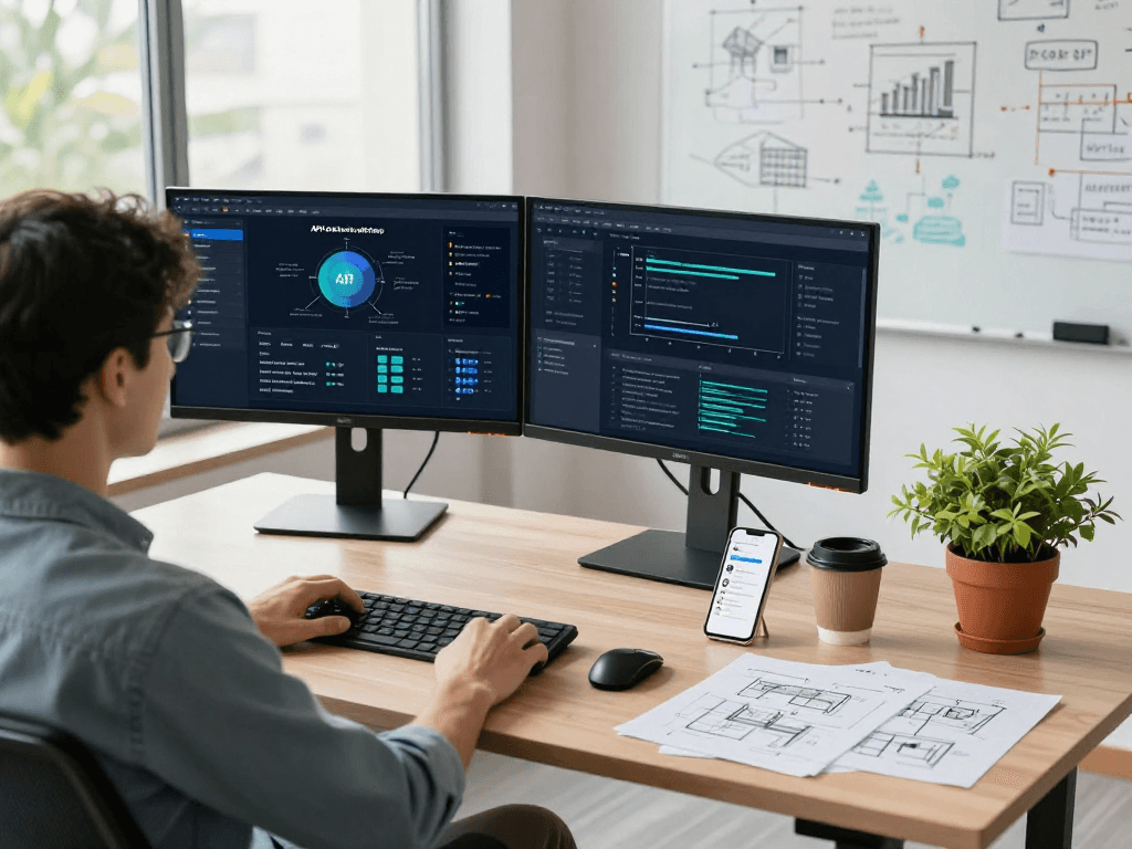 Waygrid API management dashboard displayed in a modern office workspace with a software engineer focused on productivity.