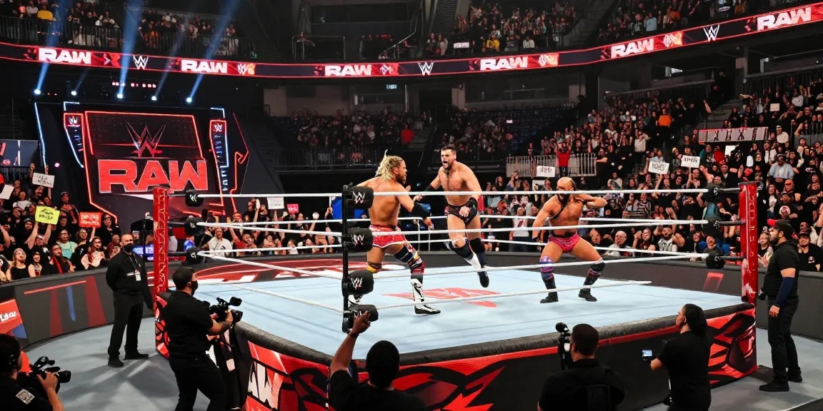 Wrestlers thrilling fans at a WWE Raw event with dynamic action and vibrant arena atmosphere.