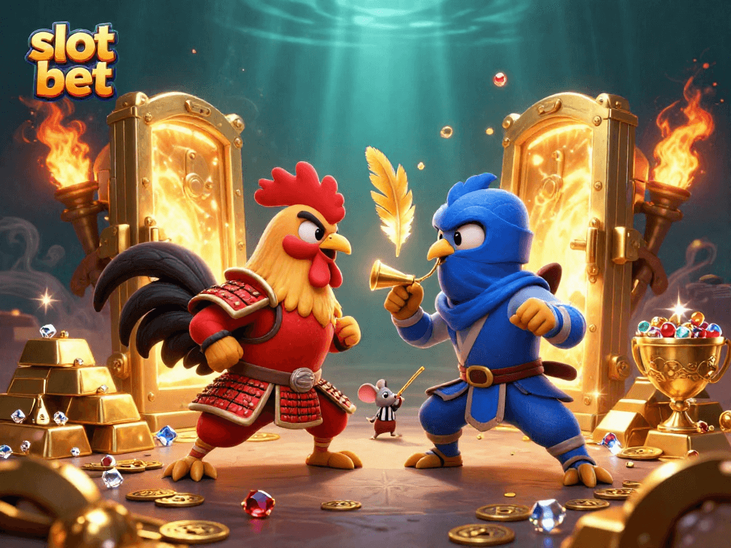 Slot bet yang menarik dengan ayam jantan pertempuran di arena perang melawan jackpot berkilau.