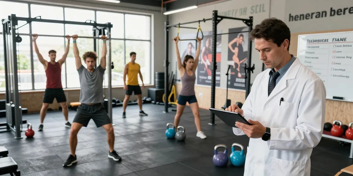 Active fitness lab scene showcasing athletes and researchers analyzing performance data at swiss chems labs.