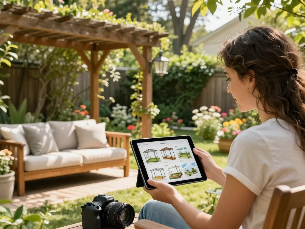 Couple interacting with a custom pergola configurator in a vibrant garden, enjoying personalized design options.