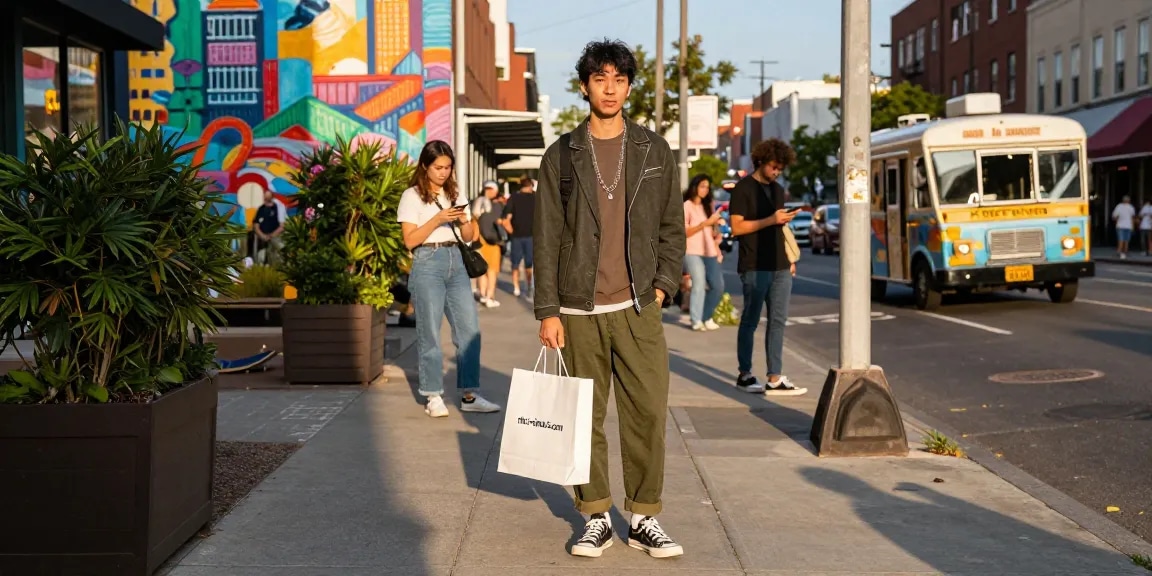 Chic streetwear trend showcased by a shopper holding bags from https://shs-dome5.com/ in a vibrant urban environment.