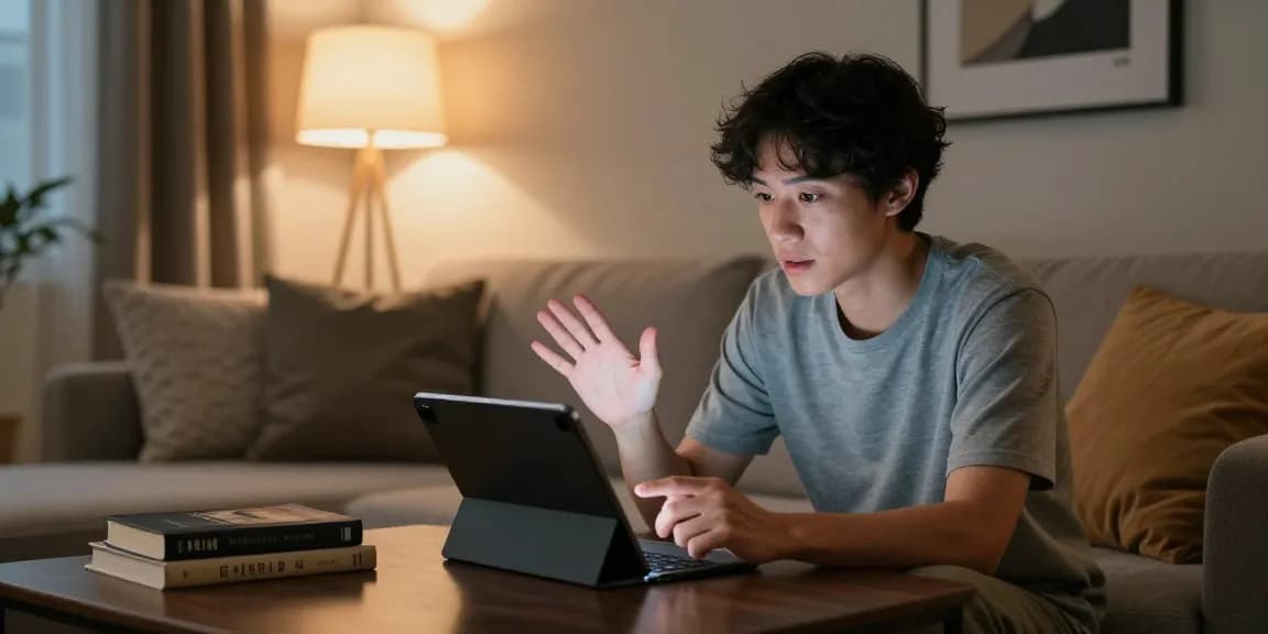 Engaging in NSFW chat AI conversations in a cozy living room with a tablet, creating an intimate atmosphere.