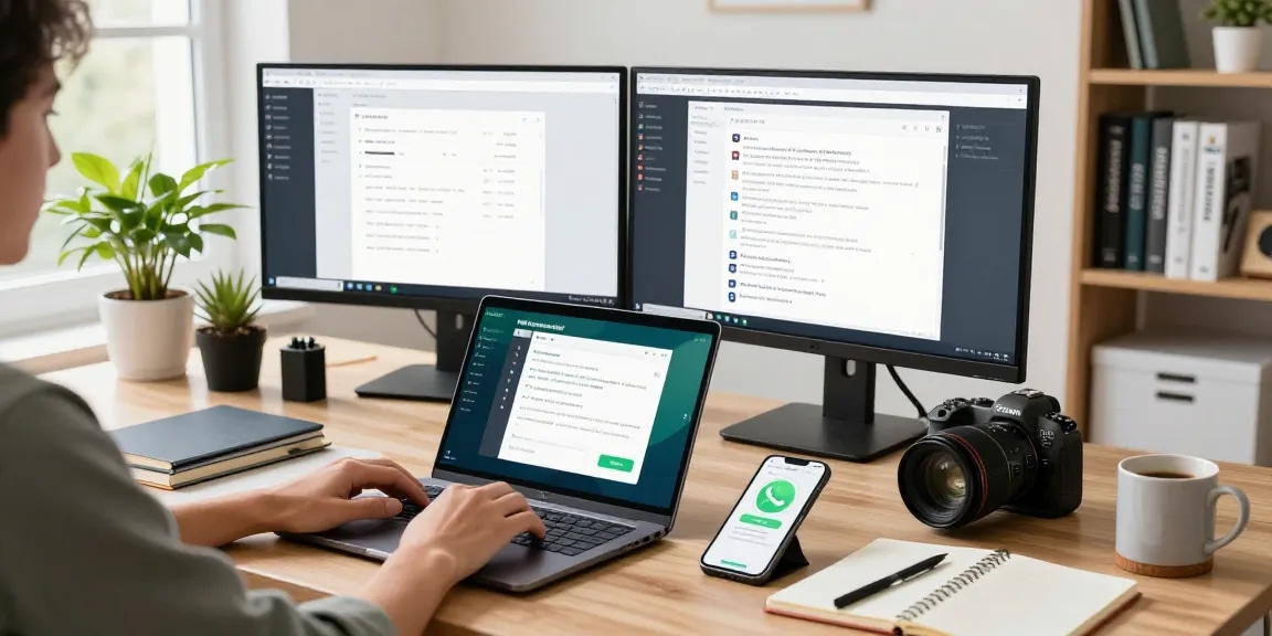 Person using WhatsApp電腦版 on a laptop in a modern home office.