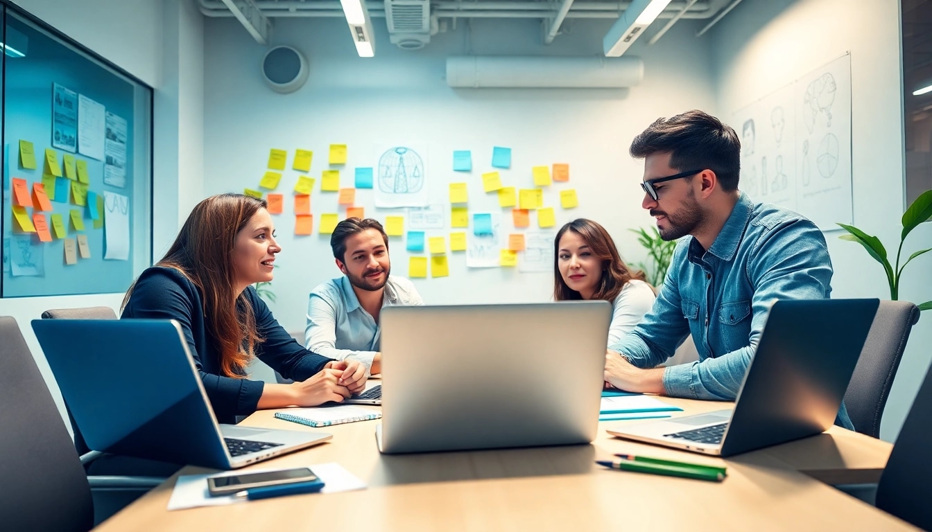 Collaborative team creating an edmonton web design strategy in a bright office.
