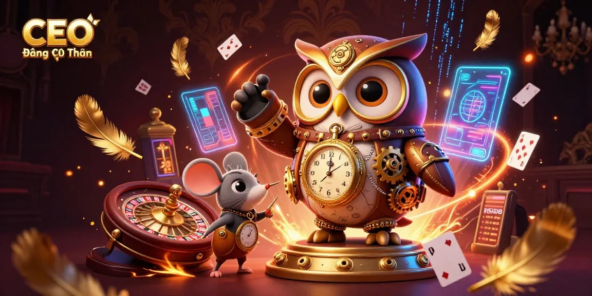 Experience casino thrills with CEO Đặng Quốc Tiến in a vibrant, steampunk-themed illustration.