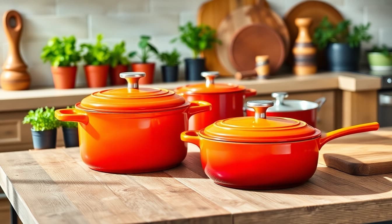 Showcasing vibrant Le Creuset NZ cookware in a cozy kitchen setting with natural light and warm tones.