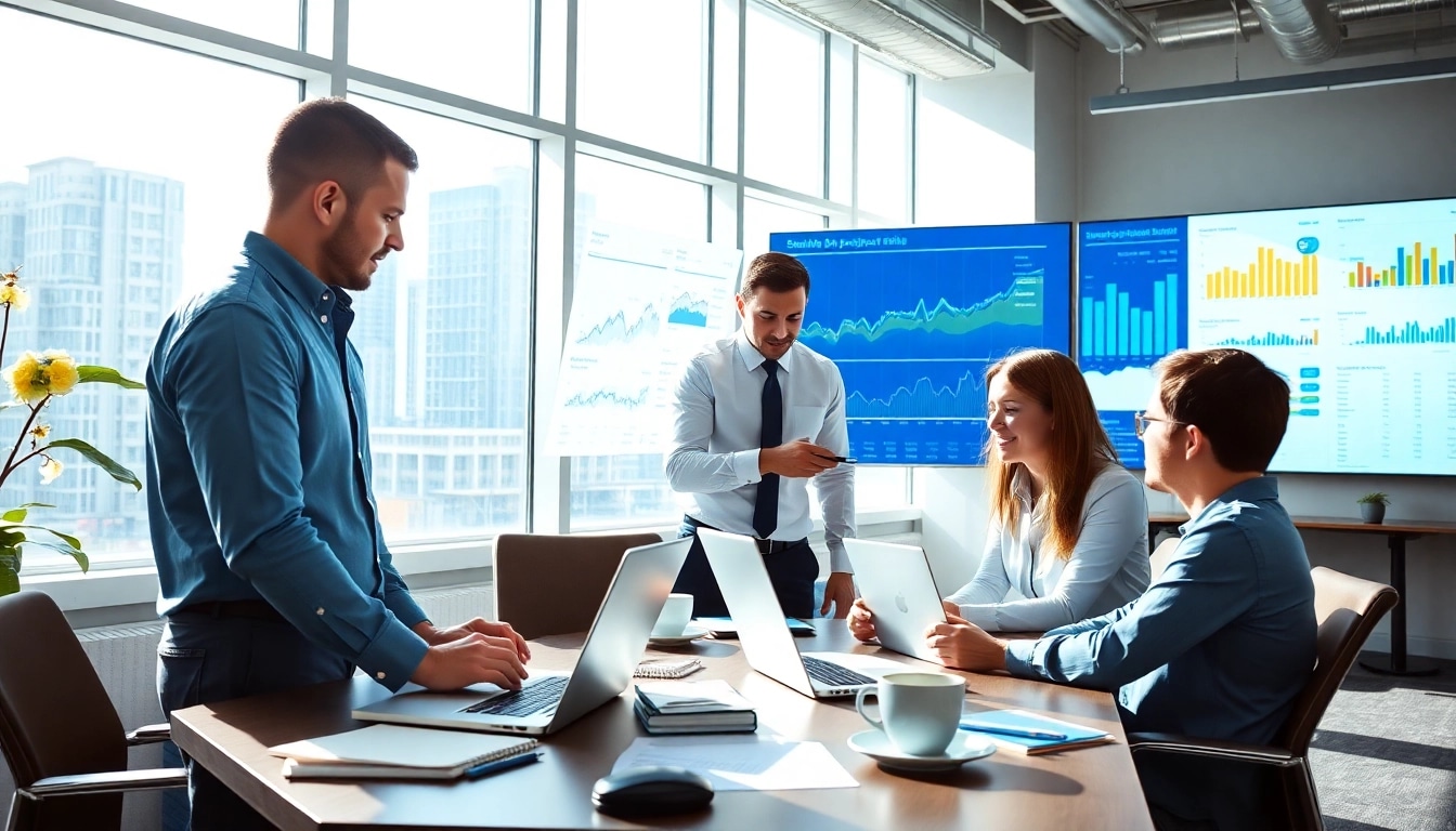 Analyze your SEO performance with a professional team in a modern office.